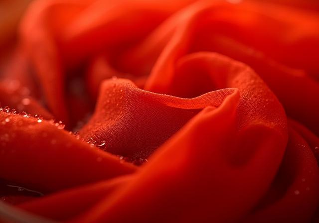 茜（あかね）で染められた絹糸の温かみのある赤色のクローズアップ。草木染め