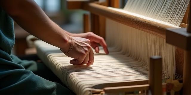 熟練の職人が手織り機で絹織物を織る様子。伝統的な手機